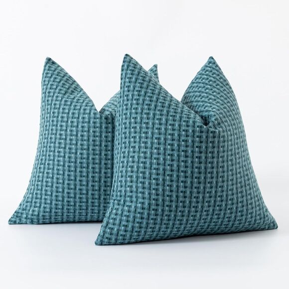 ✨ Kevin Textile Outdoor Waterproof Pillow Covers, Teal Checkered 20x20, Set of 2 - Picture 1 of 10